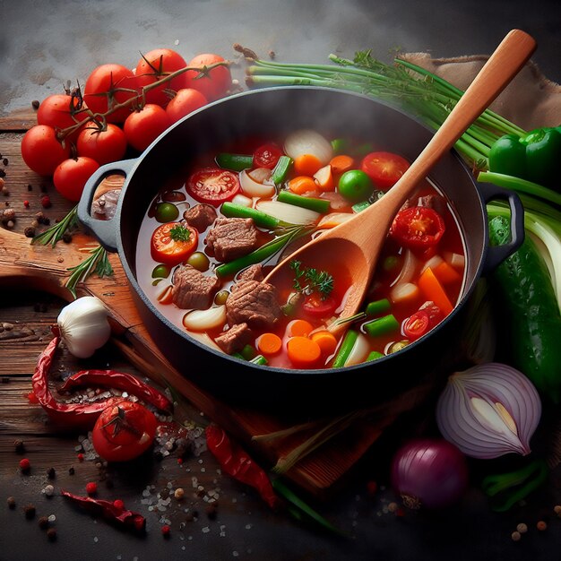 The cook cooks a stew of vegetables and beef in a saucepan It is very tasty and beautiful