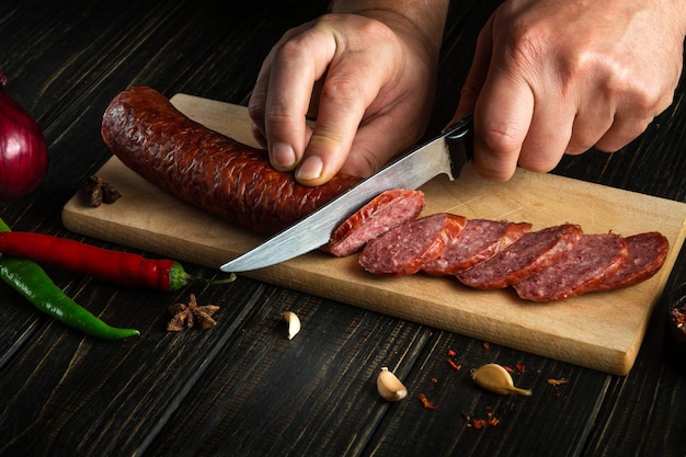 The cook cuts meat sausage on a wooden cutting board Cooking delicious sandwiches for breakfast on the kitchen table at home