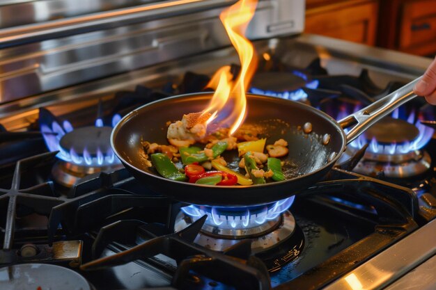 Foto cucina girando il cibo in una padella su una fiamma di gas