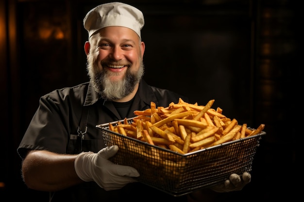 Cook Holding a Metal Fryer Basket with Fries AI