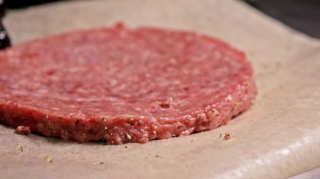 Cook makes meat medallions for burgers Chef in black food gloves makes cutlet Cutlets are leveled in steel ring in an even medallion On top of pouring spices pepper and salt