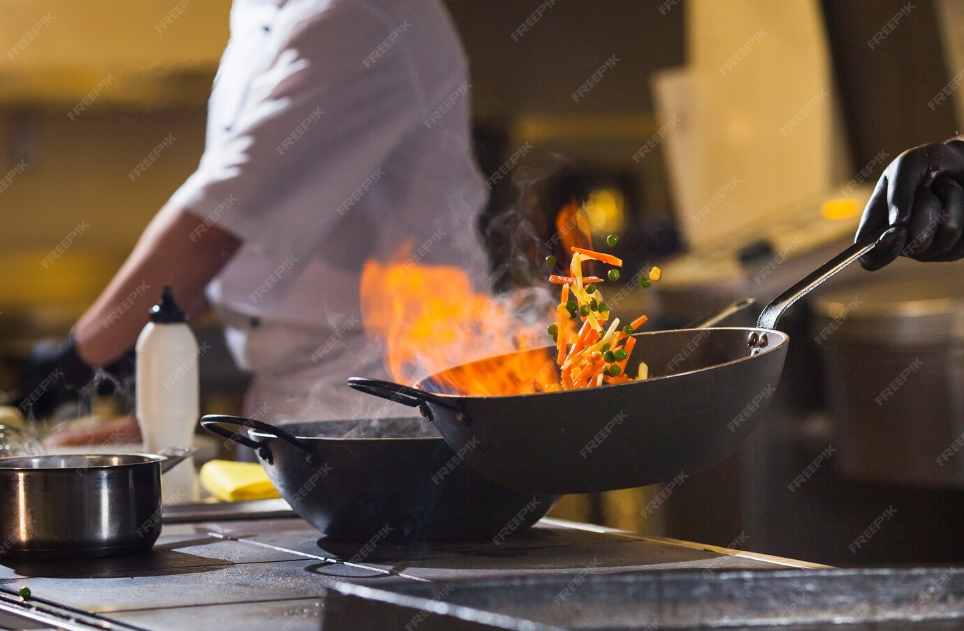 Premium Photo Cook Making Dinner In The Kitchen Of High end Restaurant bridal-shower-menu-baby-shower-menu-birthday-dinner-menu-birthday