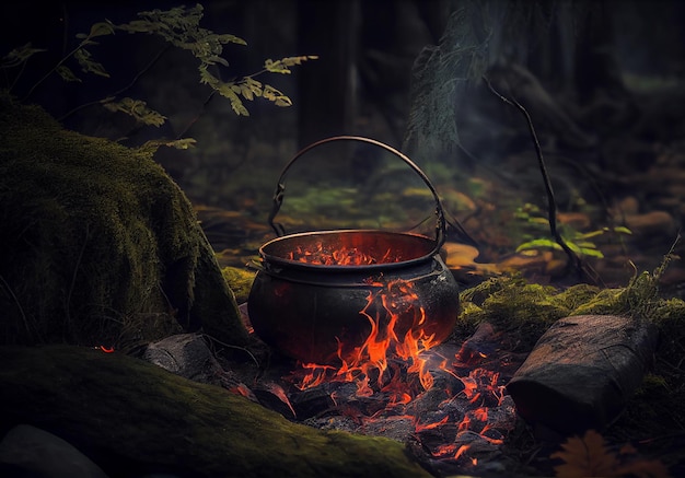 Cuocere in una pentola sul fuoco nella foresta