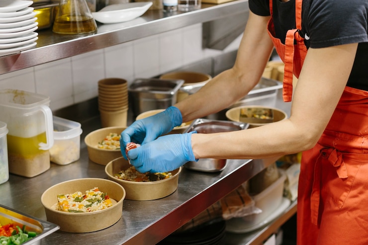 Photo cook preparing rice salads to take away. the containers used are compostable.
