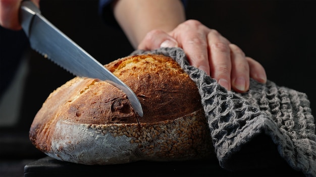 Cuocere affettando il pane appena sfornato su un tagliere di legno nero