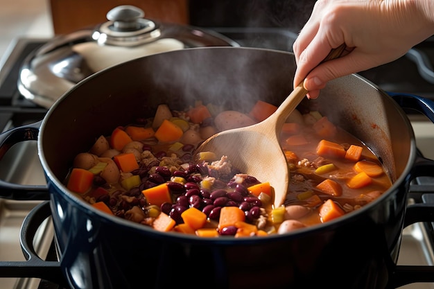 Cook stirring slowcooked stew in large pot on stovetop created with generative ai