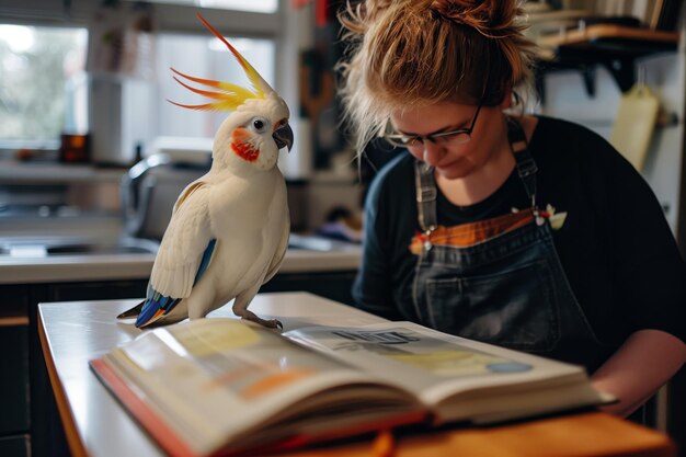 Photo cook with a cockatiel in the kitchen looking at a recipe book