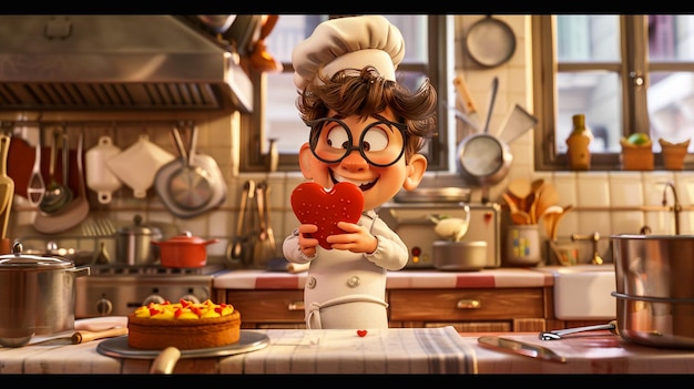 Photo a cook with a heart shaped cake in the middle of the kitchen