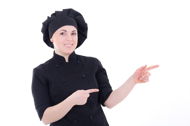 Cook woman showing or presenting something isolated on white background