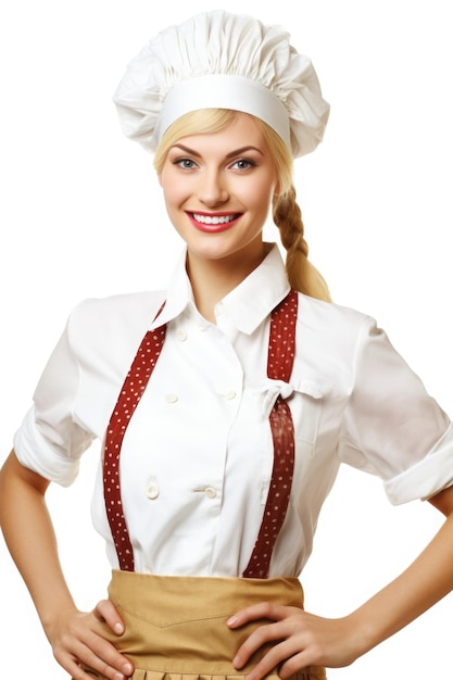 허리 흰색 배경 위의 요리사 여자 미소 매우 상세한 사진