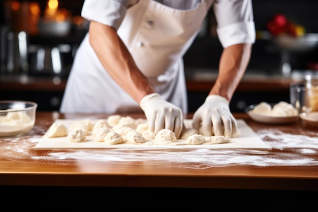 Cook working with dough on wooden table with flour