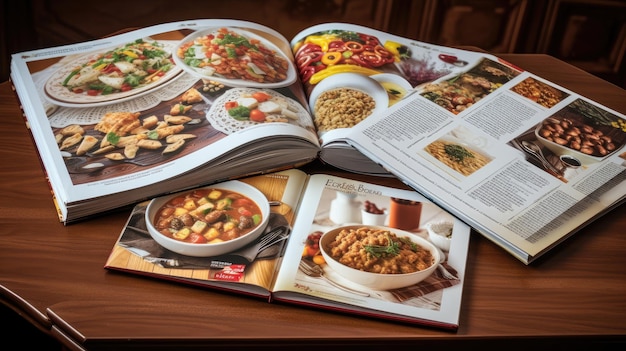 A cookbook with a cookbook open to a page of food.