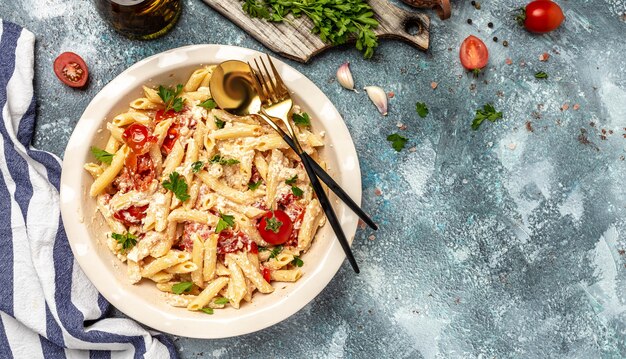 Cooked baked feta pasta. Trending viral Feta pasta recipe with tomatoes, cheese, garlic herbs