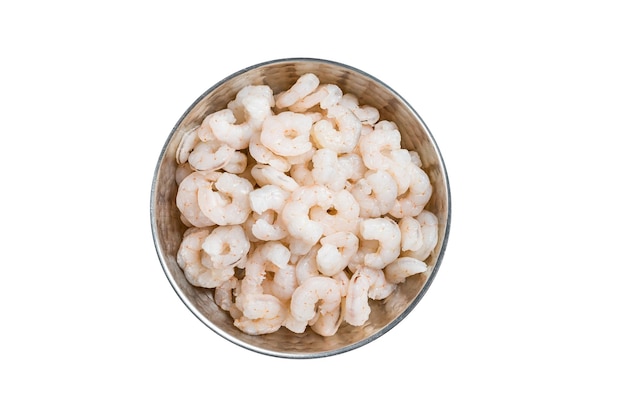 Cooked boiled Peeled Shrimps Prawns in skillet Isolated on white background