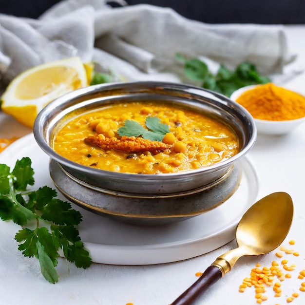 cooked chana dal fry or split bengal gram tadka served in a bowl or pan selective focus white background