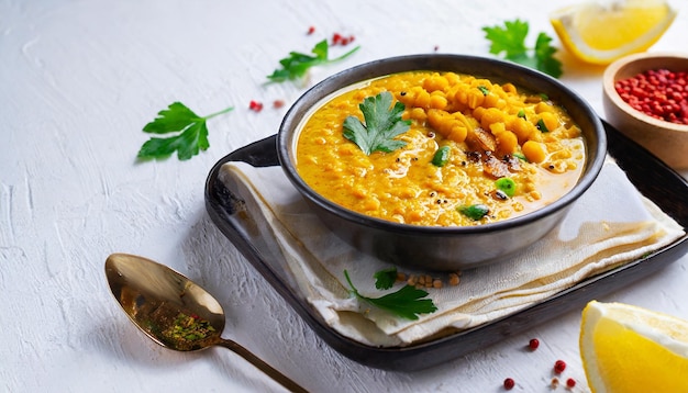 cooked chana dal fry or split bengal gram tadka served in a bowl or pan selective focus white background