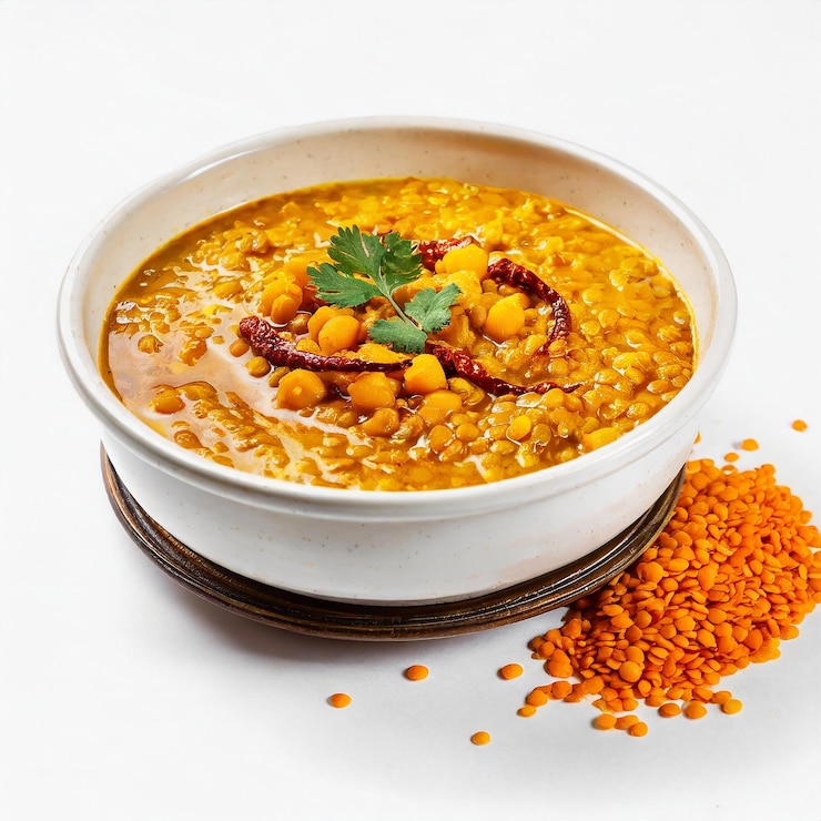 Photo cooked chana dal fry or split bengal gram tadka served in a bowl or pan selective focus white background