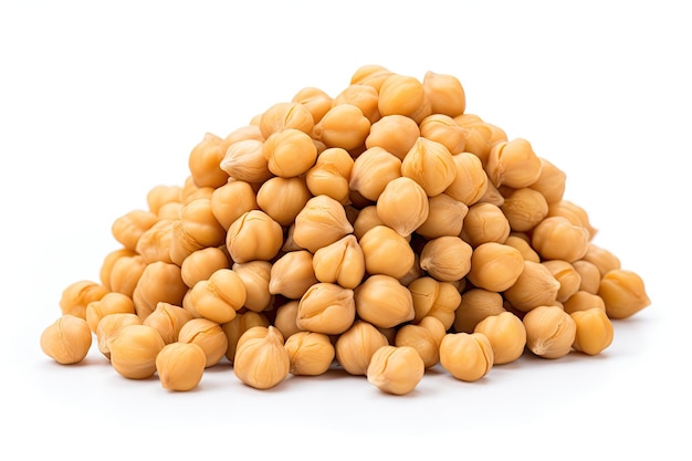 Cooked chick peas in a pile on a white background