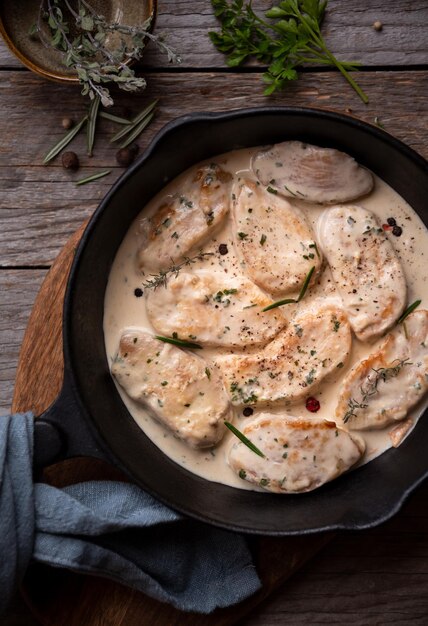 Cooked chicken breast with sauce in frying pan