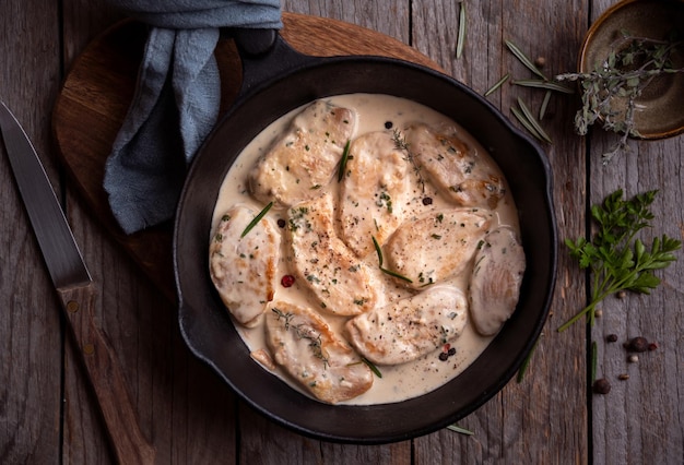 Cooked chicken breast with sauce in frying pan