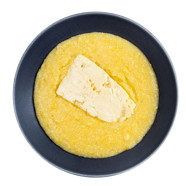 Cooked cornmeal porridge with piece of cheese