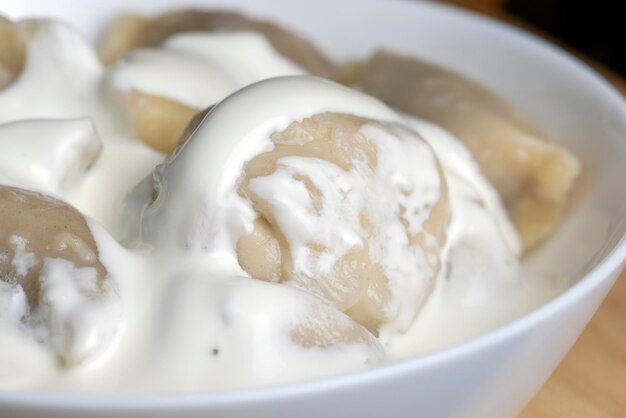 Cooked dumplings made of dough with meat inside