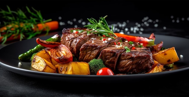 Cooked fresh beef with vegetables in a black plate healthy eating dark background AI generated image