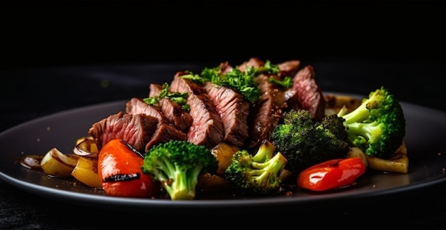 Cooked fresh beef with vegetables in a black plate healthy eating dark background AI generated image