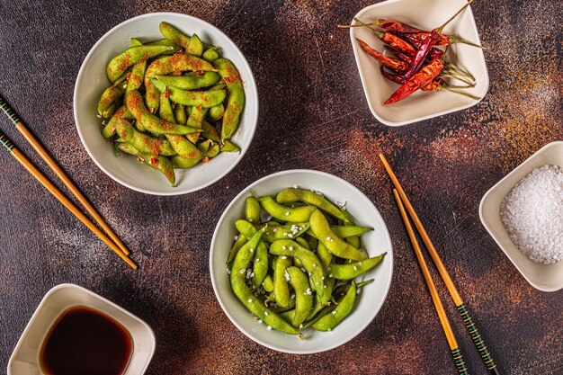 Cooked green edamame, japanese food. Top view.