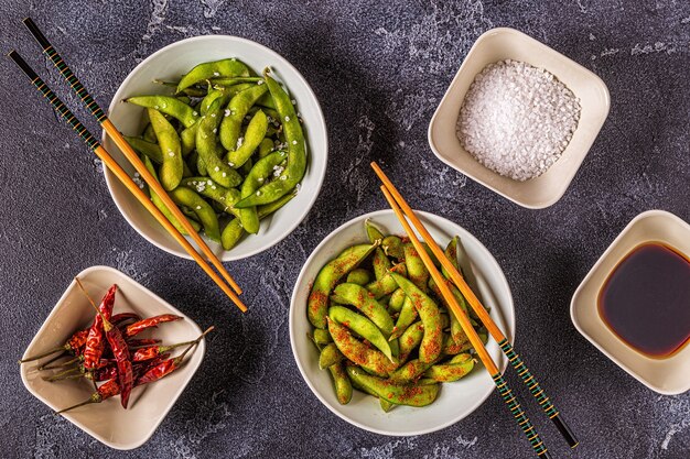 Cooked green edamame, japanese food. Top view.