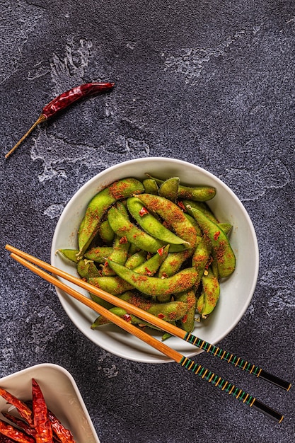 Cooked green edamame, japanese food. Top view.