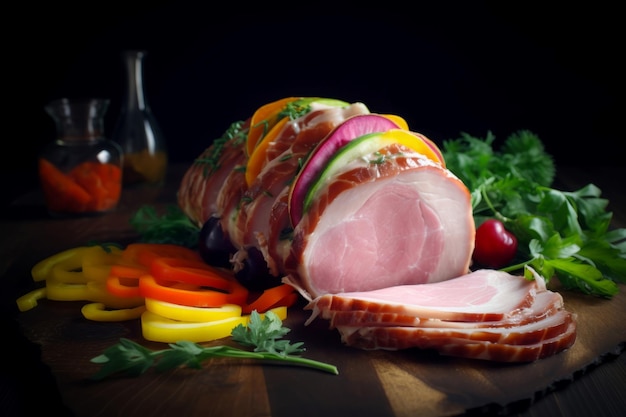 Cooked ham colorful serving platter Generate ai