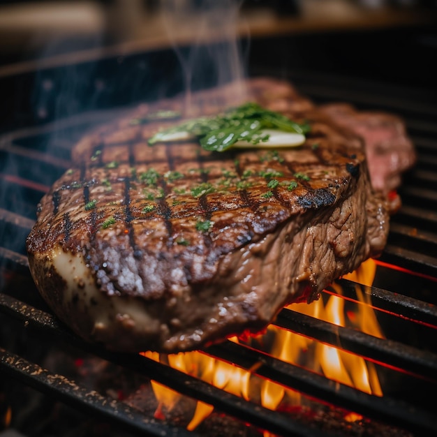 木の板で調理された熱々のミディアムレアのリブアイ ステーキ、肉からの蒸気、グリル