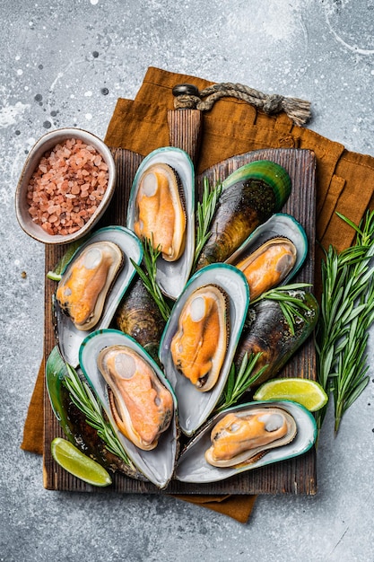 Cooked large green kiwi mussels in shells with herbs and garlic Gray background Top view