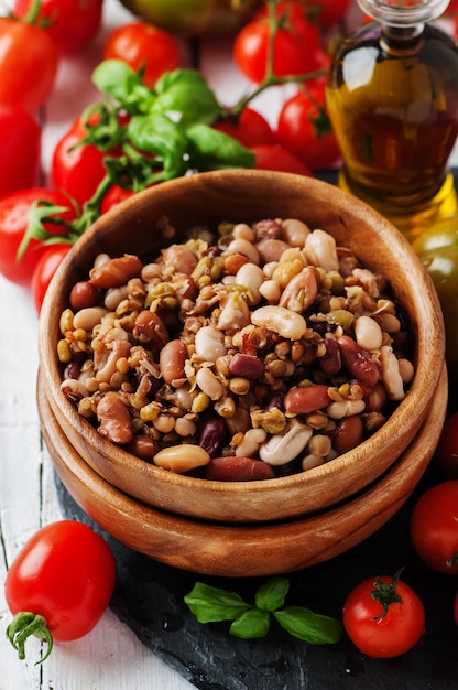 Cooked legumes on the wooden table