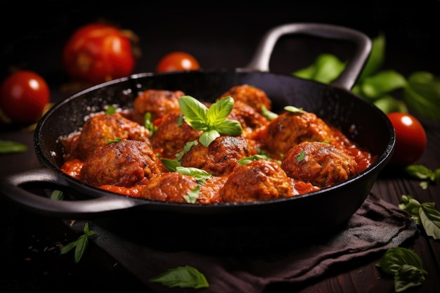 Cooked meatballs in tomato sauce with garlic basil in a frying pan on a brown surface