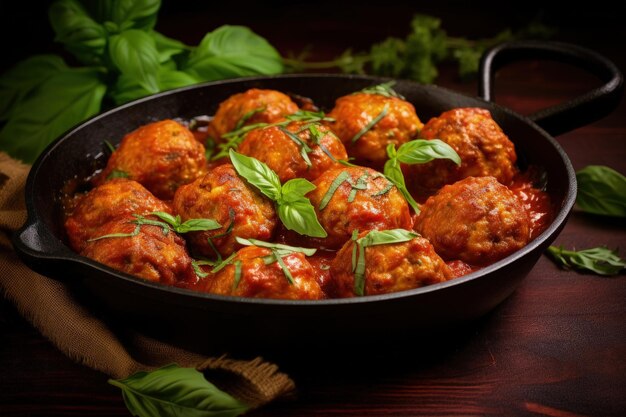 Cooked meatballs in tomato sauce with garlic basil in a frying pan on a brown surface