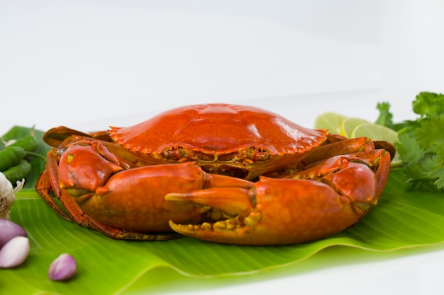 Cooked mud crab arranged on a fresh green banana leaf