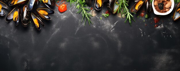 Photo cooked mussels with parsley and lemon on black table sea food generative ai