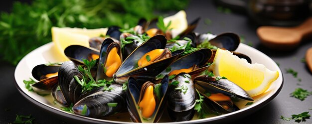 Photo cooked mussels with parsley and lemon on black table sea food generative ai