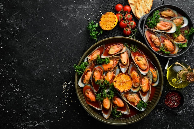 Cooked mussels with tomato sauce garlic parsley and lemon Seafood Free space for text On a stone background