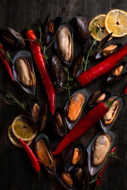 Cooked mussels on a wooden background the background is decorated with greens pepper microgreens salt