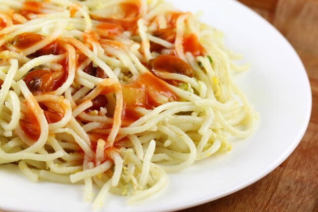 Cooked noodles  close up on a plate