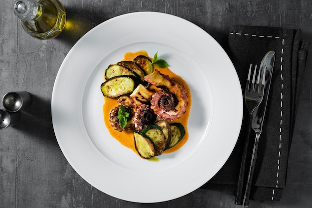 Photo cooked octopus served with courgettes and sauce serving on the table with cutlery