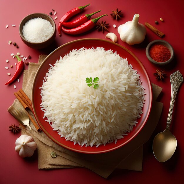 Cooked plain white basmati rice in a red plate on red background