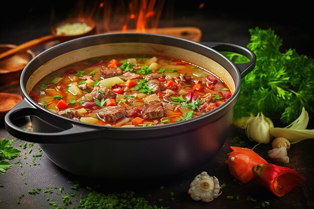 Cooked red soup in a saucepan borscht