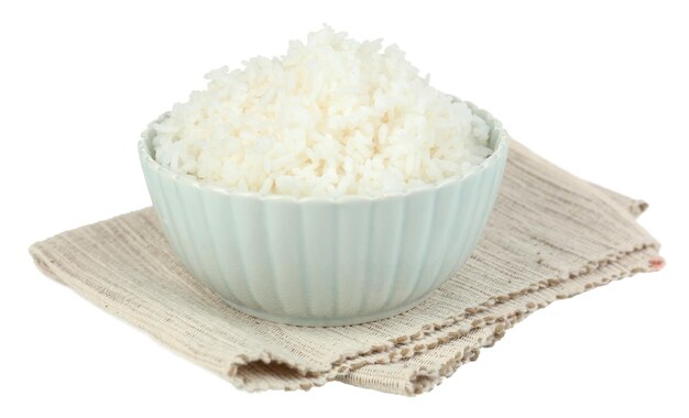 Cooked rice in bowl isolated on white