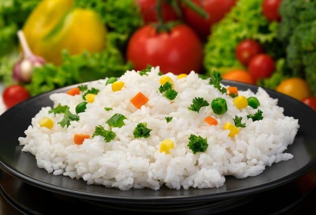 Cooked rice porridge, served with herbs and vegetables on black plate