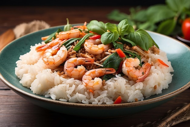 Cooked rice with Stir fried shrimp basilthai food