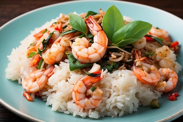 Cooked rice with Stir fried shrimp basilthai food